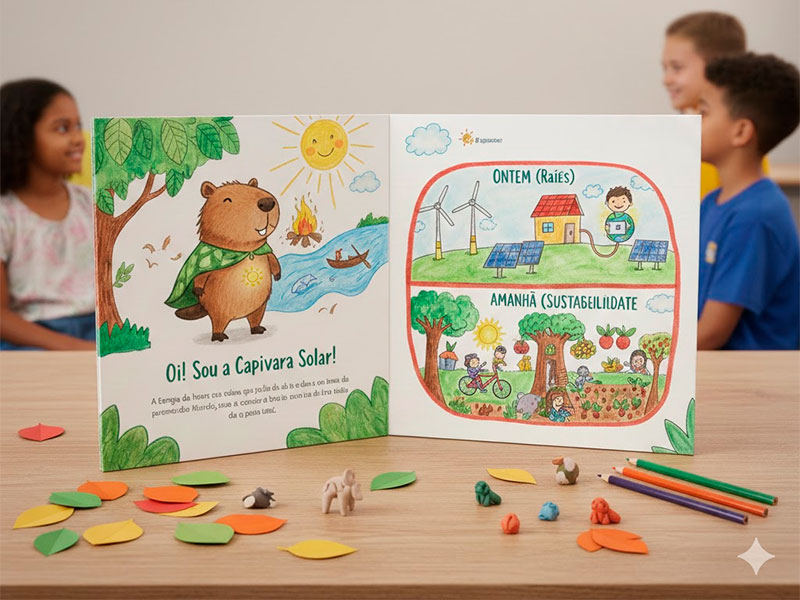 Livro aberto em cima de uma mesa com lápis e brinquedos coloridos. Três crianças desfocadas ao fundo. Na página esquerda, uma capivara desenhada com o título abaixo 'Oi! Sou a Capivara Solar'. Na página direita, dois desenhos: o de cima, uma casa com energia solar, com o título 'ONTEM (Raios)'; o debaixo, uma floresta com pessoas felizes, com o título 'AMANHÃ (Sustentabilidade)'